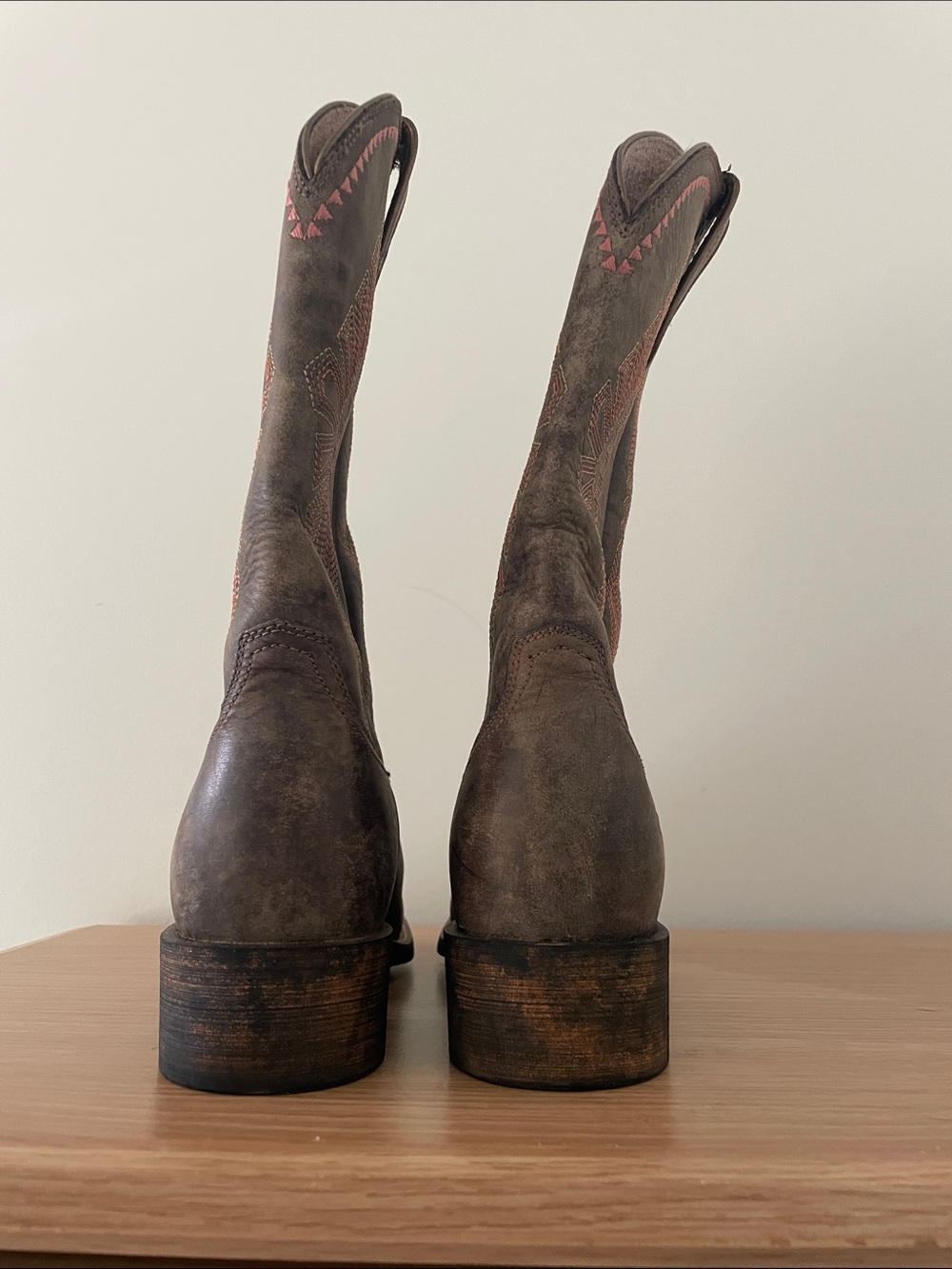 Ariat Distressed Brown Suede Western Heeled Boots with Subtle Pink Stitching - Picture 4 of 6